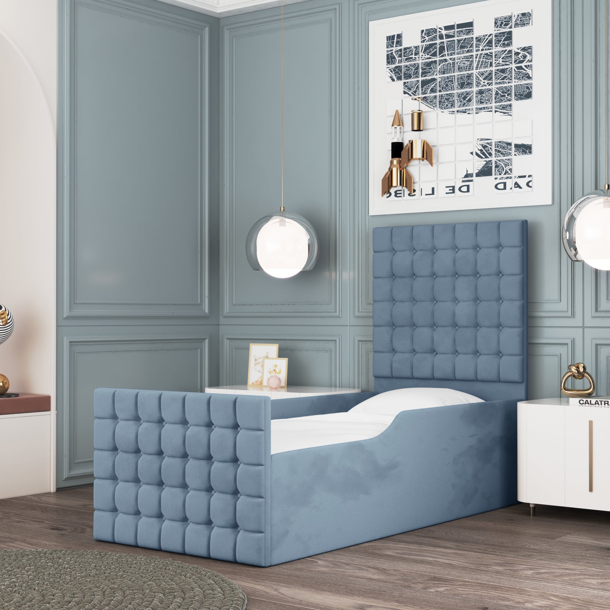 Small Cubic Headboard Safety Side Rail Sleigh Bed & Footend