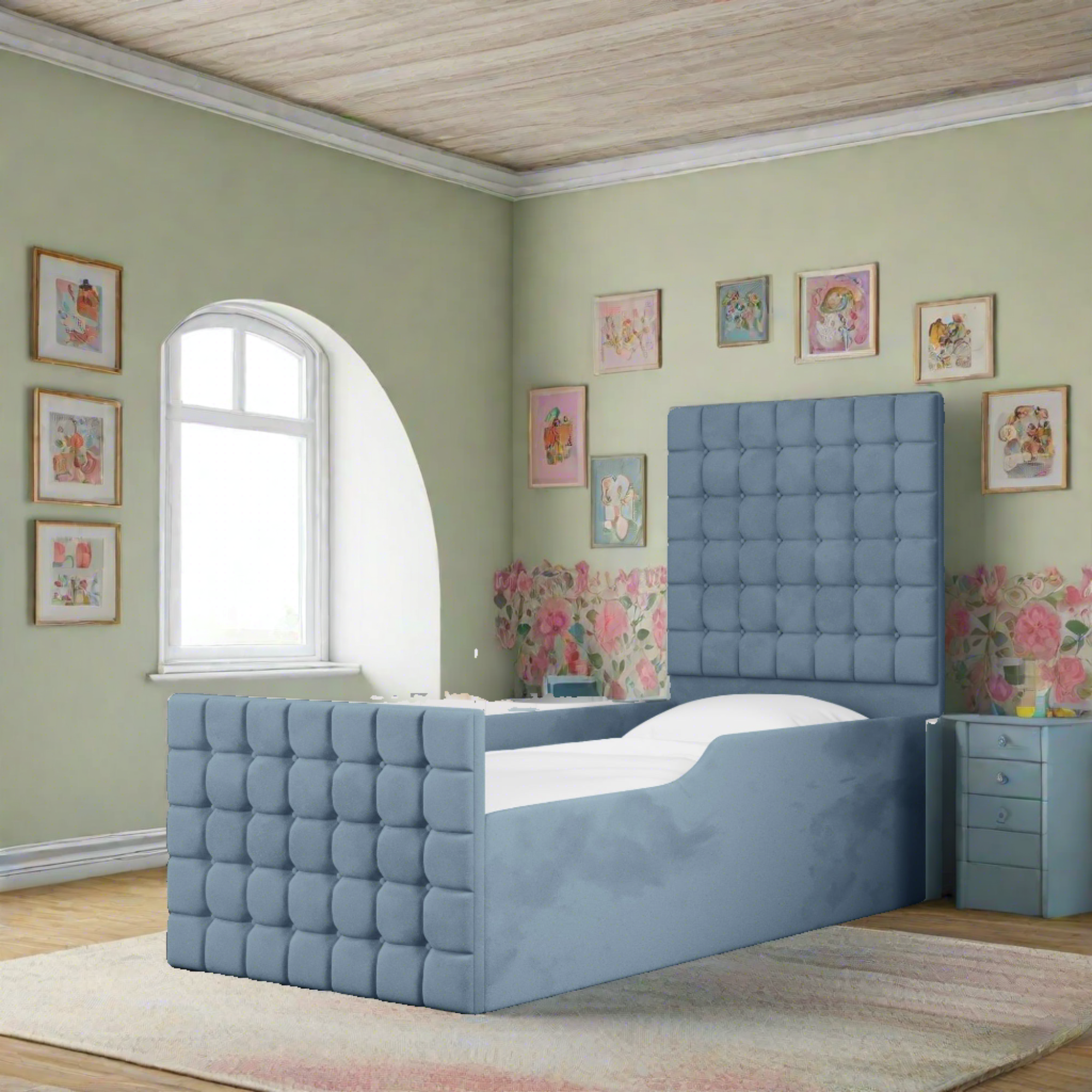 Small Cubic Headboard Safety Side Rail Sleigh Bed & Footend