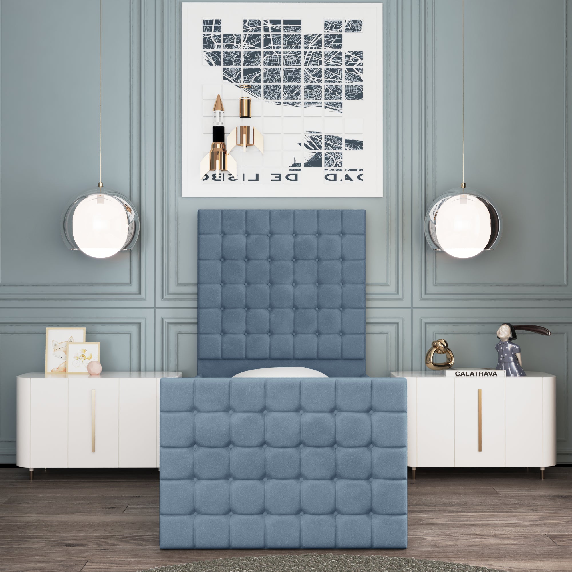 Small Cubic Headboard Safety Side Rail Sleigh Bed & Footend