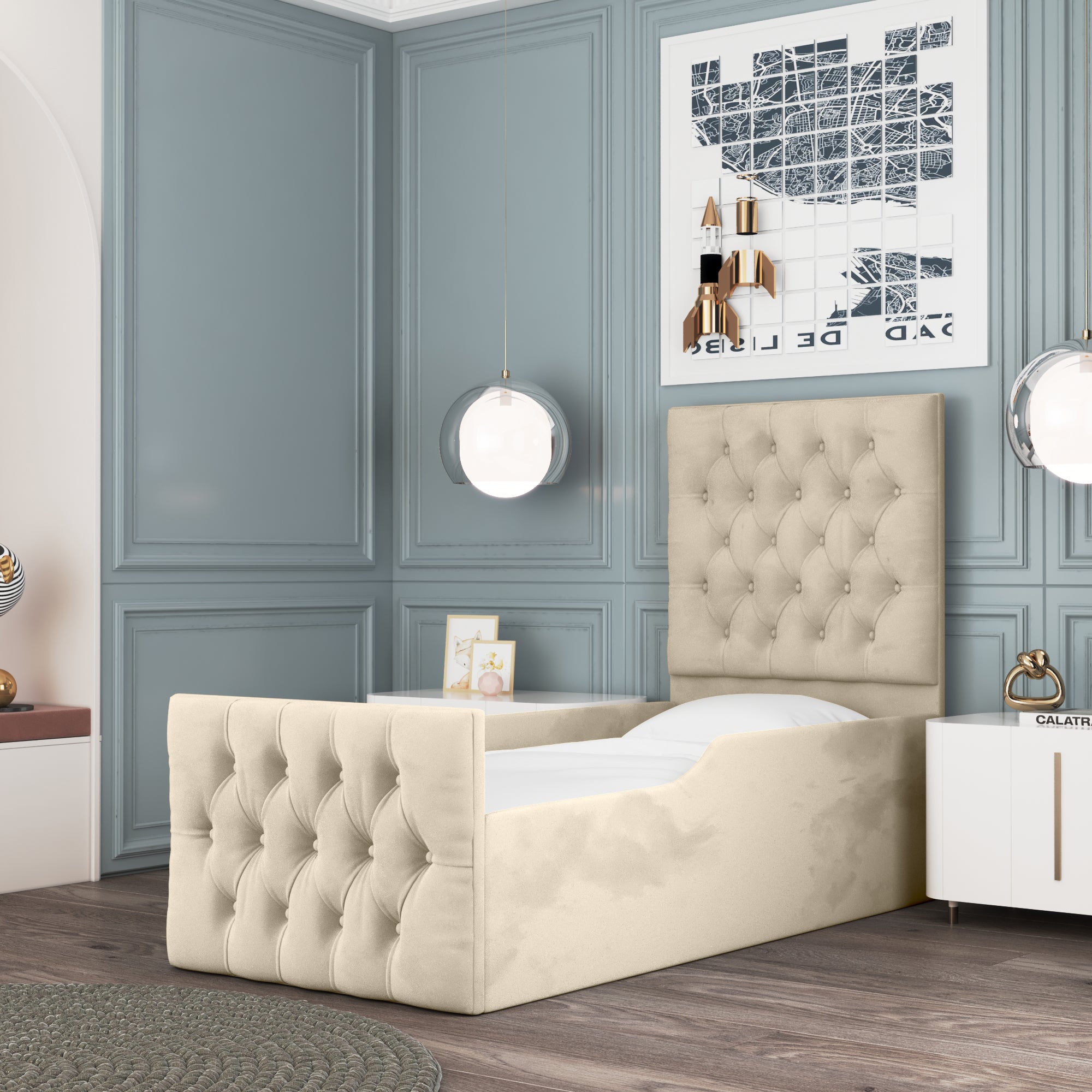 Chesterfield Headboard Safety Side Rail Sleigh Bed & Footend