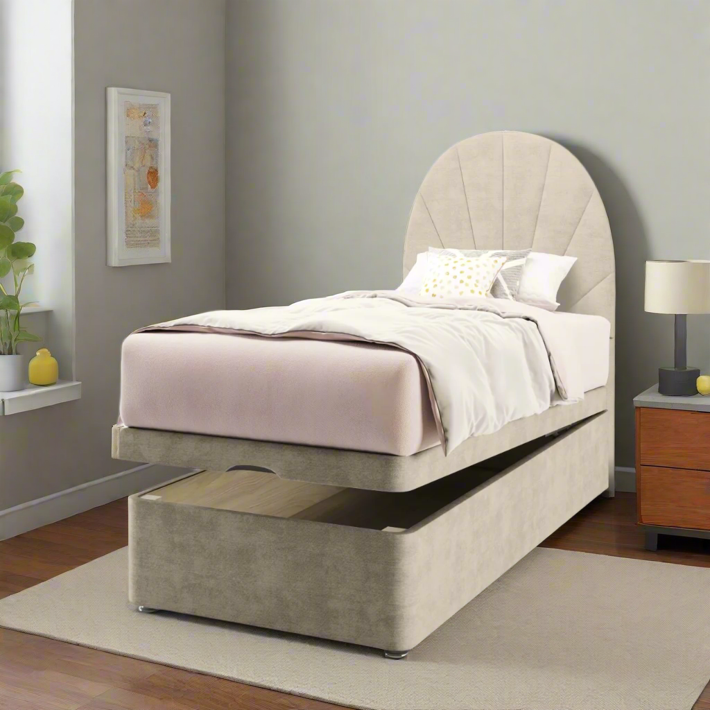 Half Moon Vertical Lines Headboard Ottoman Storage Bed