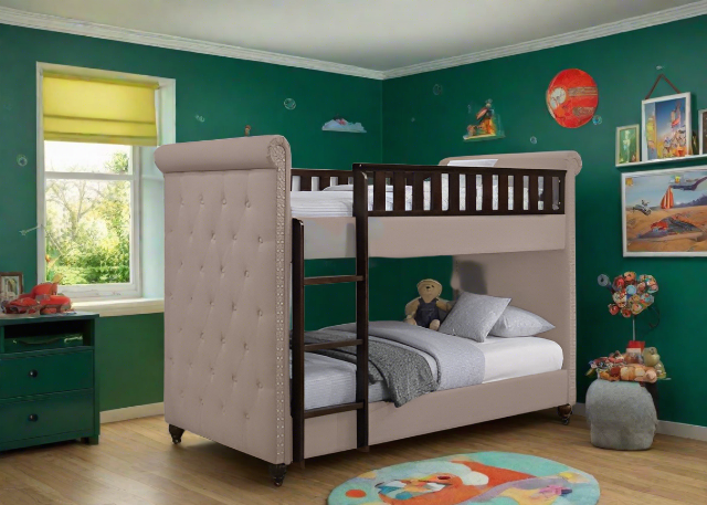 New Louis Beige Linen Chesterfield Bunk Bed