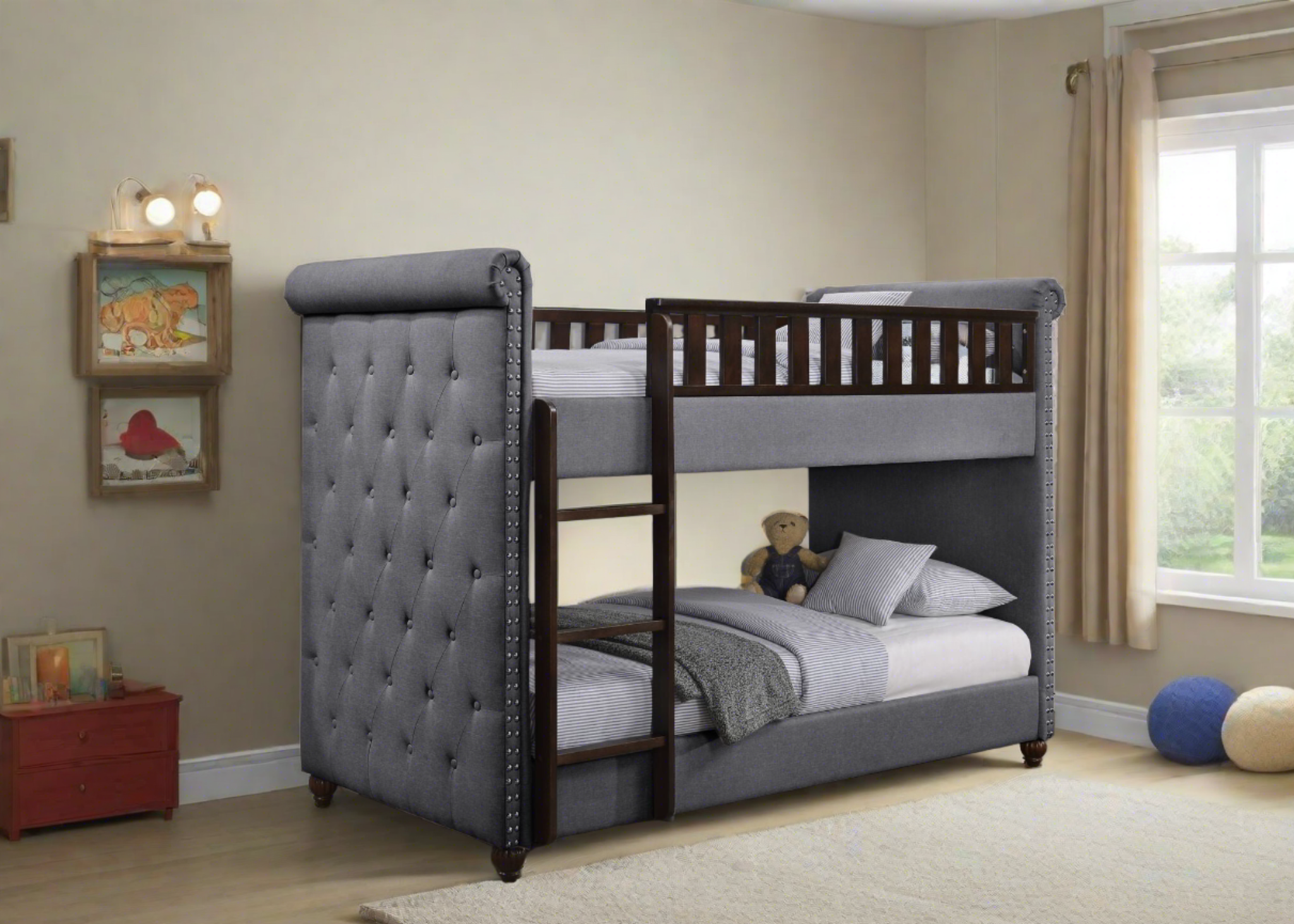 New Louis Dark Grey Linen Chesterfield Bunk Bed