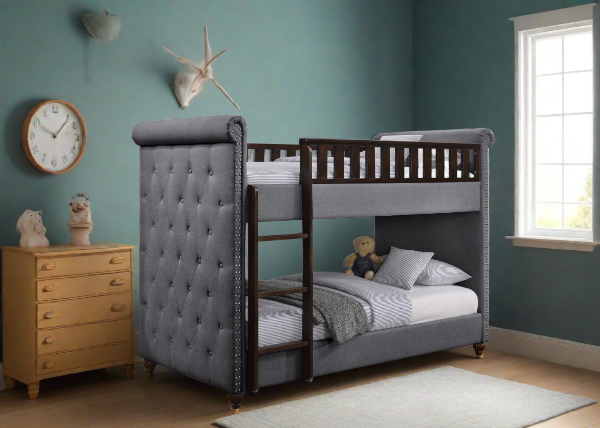 New Louis Dark Grey Linen Chesterfield Bunk Bed