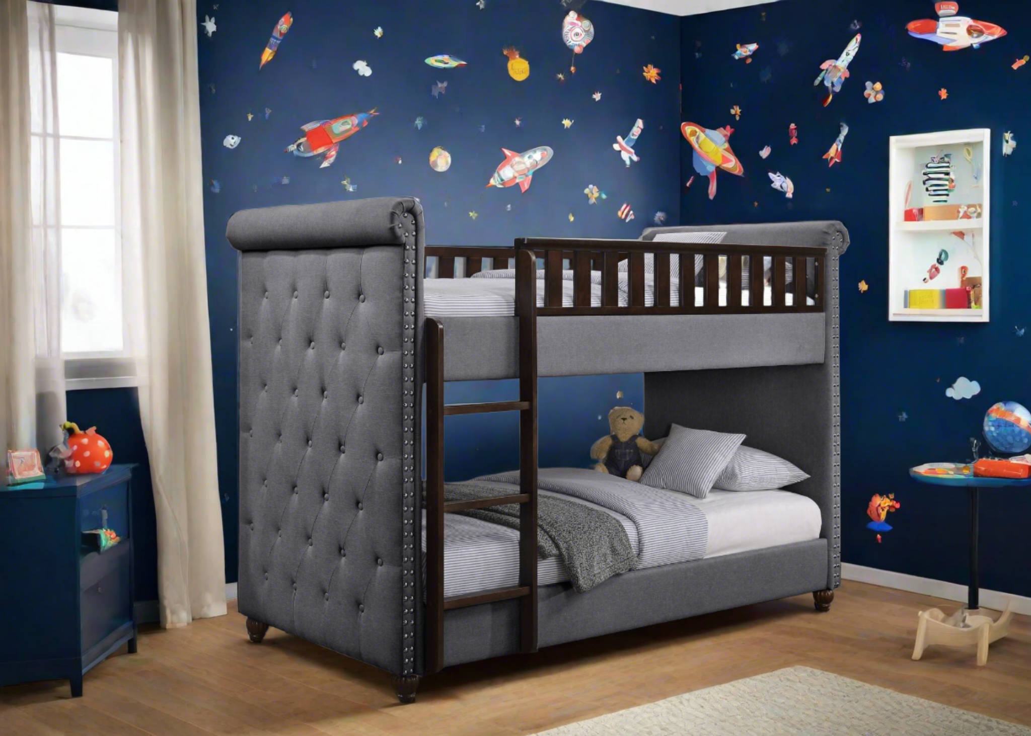 New Louis Dark Grey Linen Chesterfield Bunk Bed