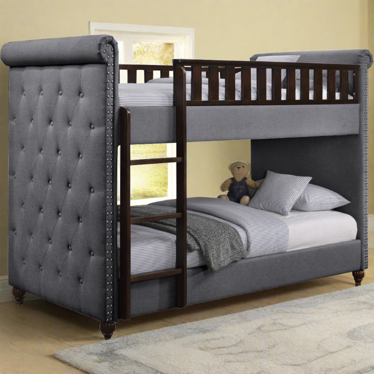 New Louis Dark Grey Linen Chesterfield Bunk Bed