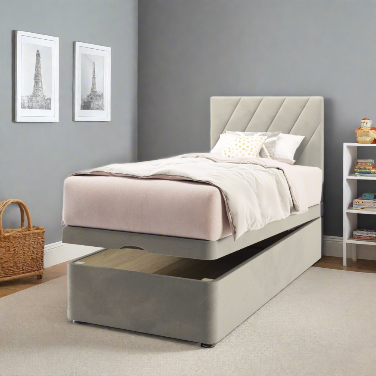Diagonal Panels Headboard Ottoman Storage Bed