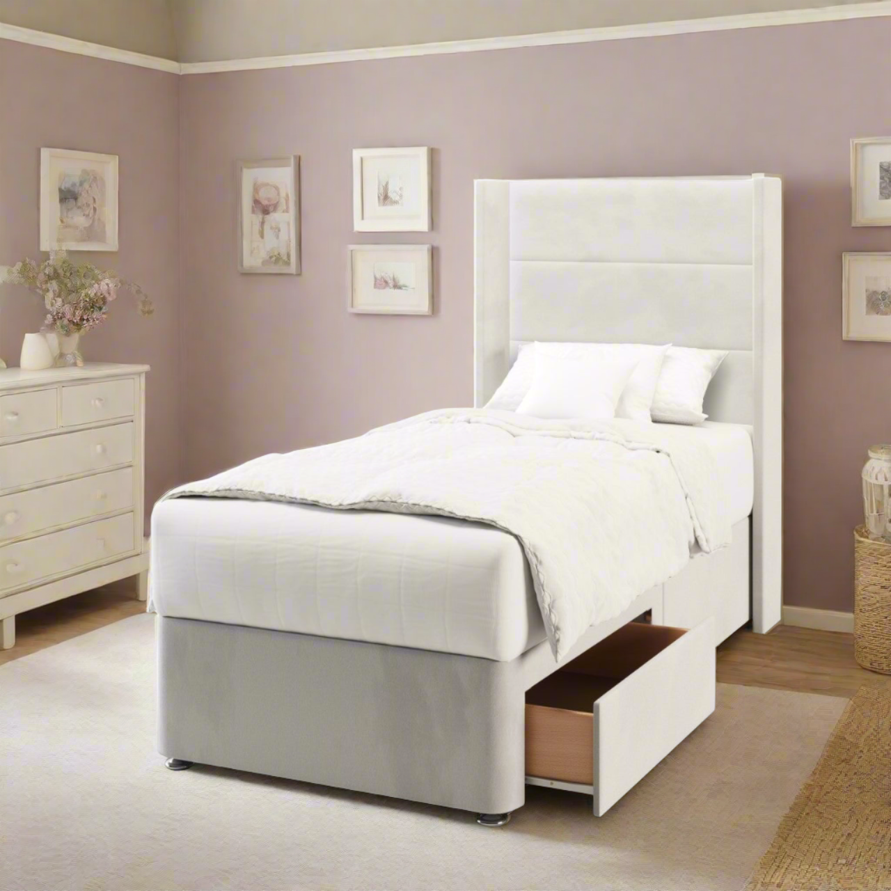 Horizontal Panels Straight Wing Headboard Divan Bed