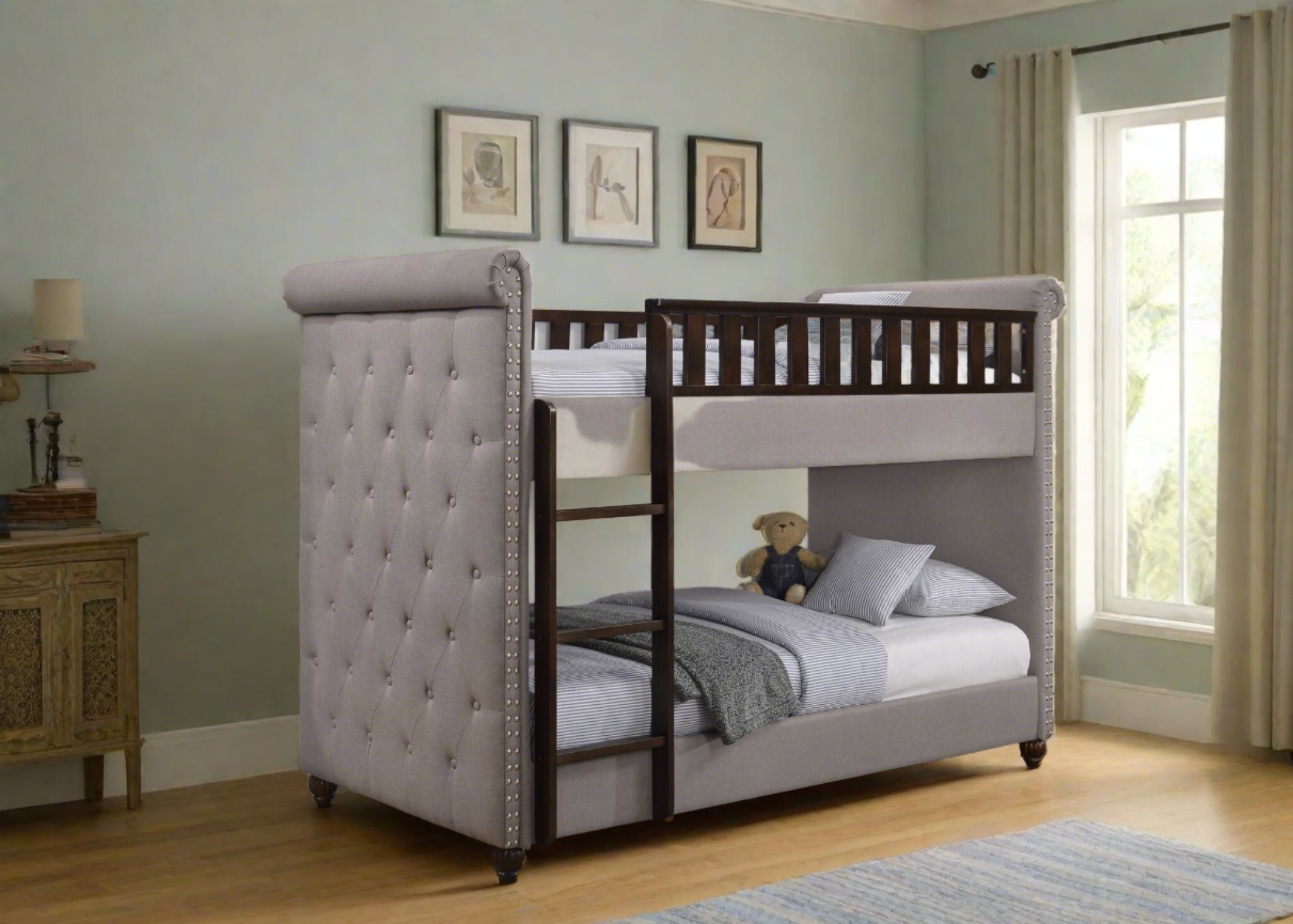 New Louis Light Grey Linen Chesterfield Bunk Bed