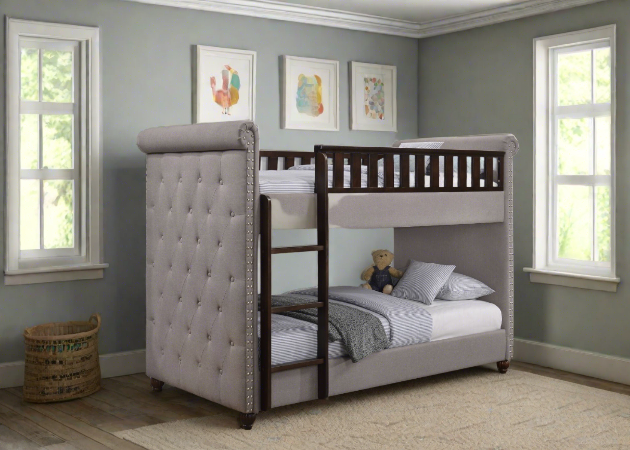New Louis Light Grey Linen Chesterfield Bunk Bed