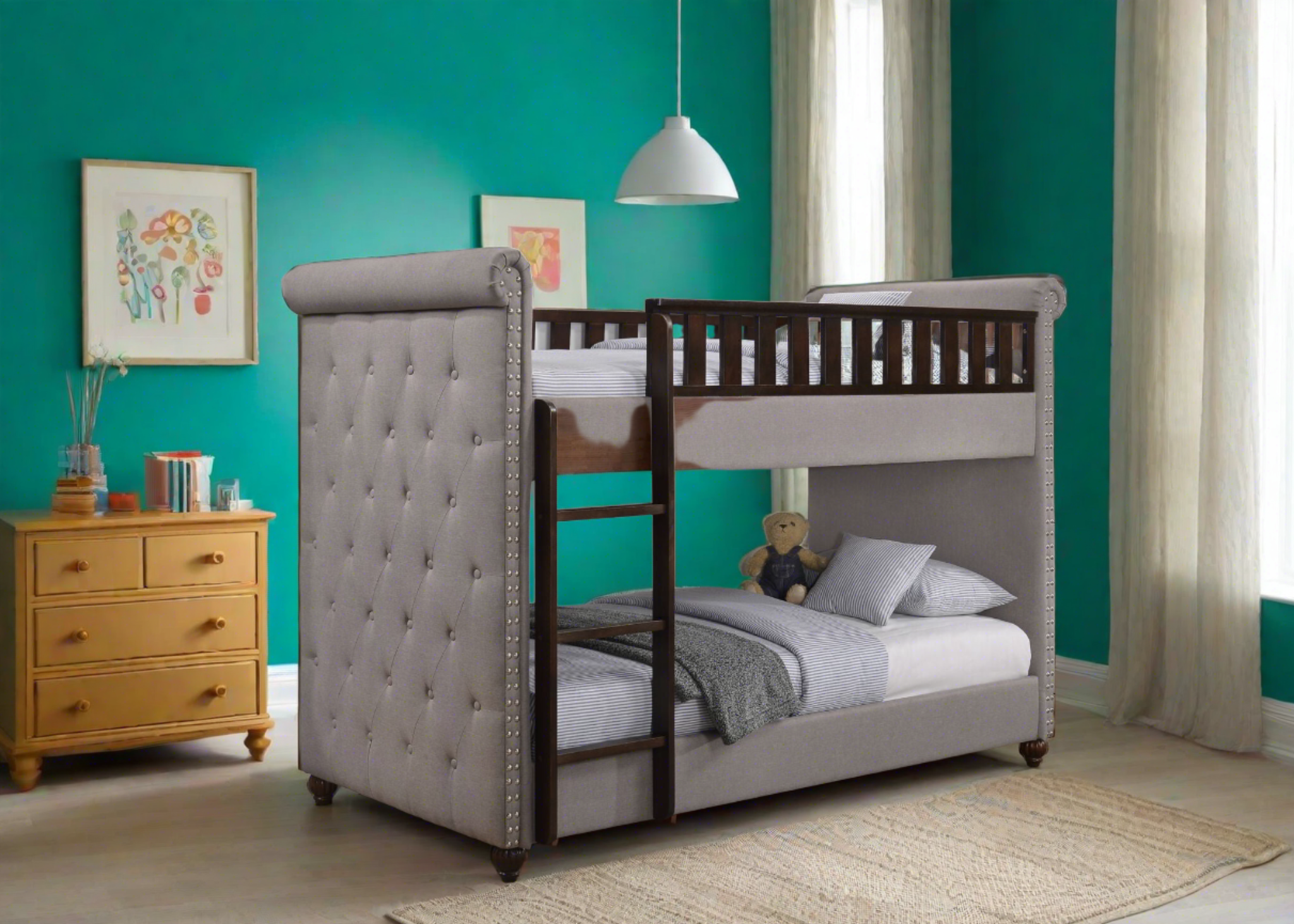 New Louis Light Grey Linen Chesterfield Bunk Bed