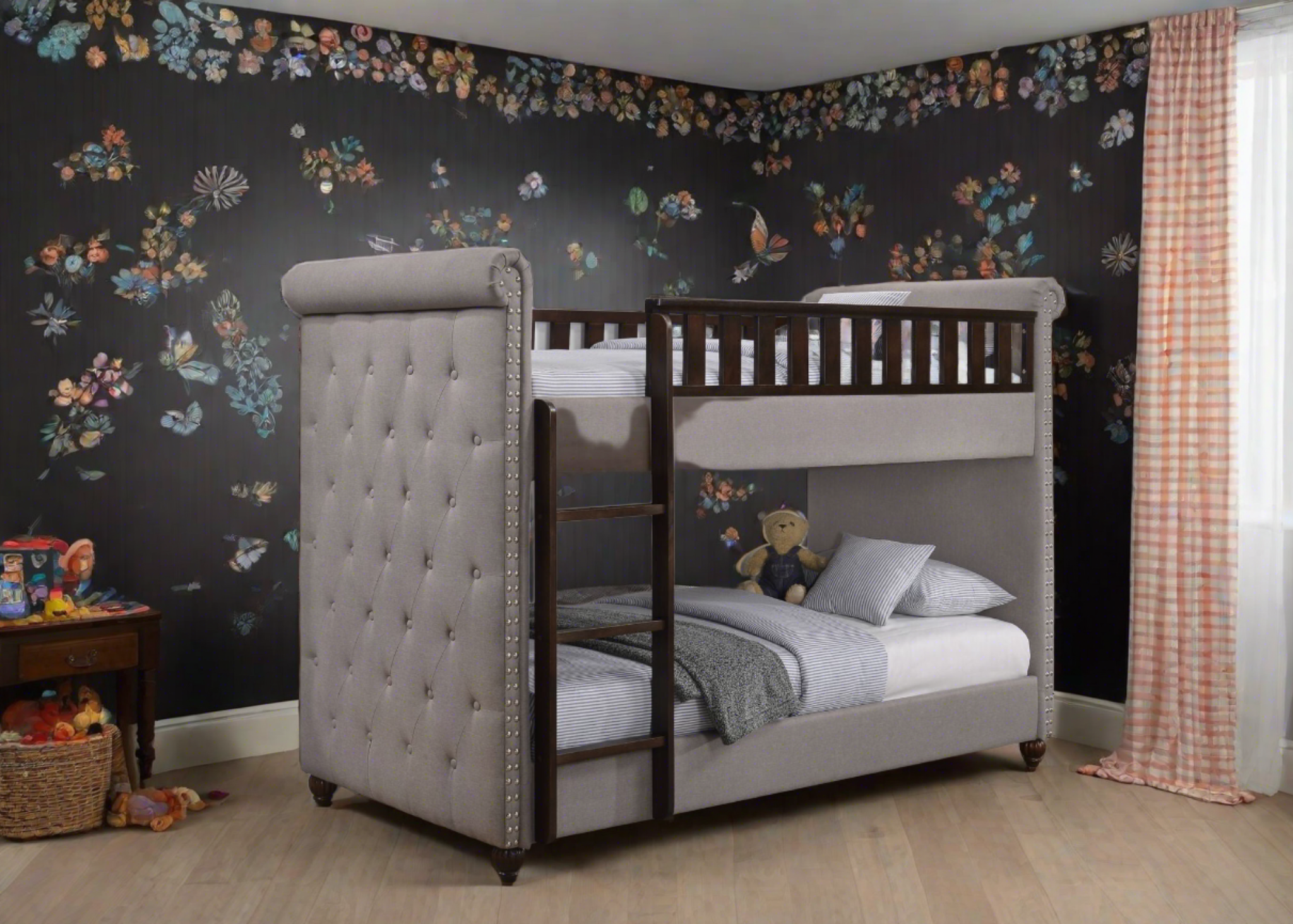 New Louis Light Grey Linen Chesterfield Bunk Bed