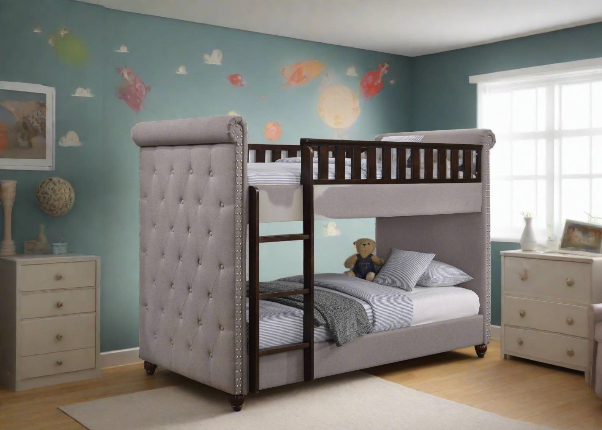New Louis Light Grey Linen Chesterfield Bunk Bed