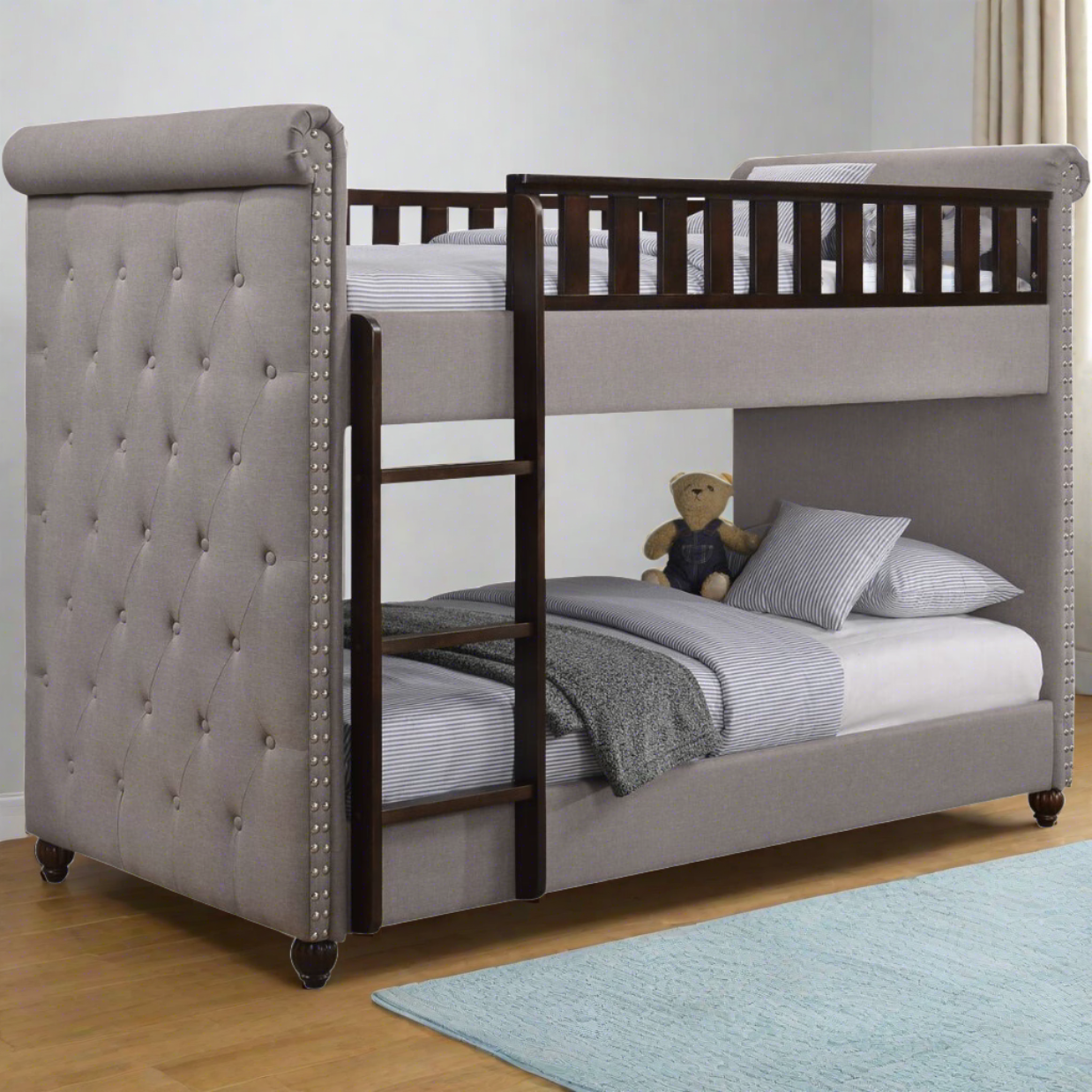 New Louis Light Grey Linen Chesterfield Bunk Bed