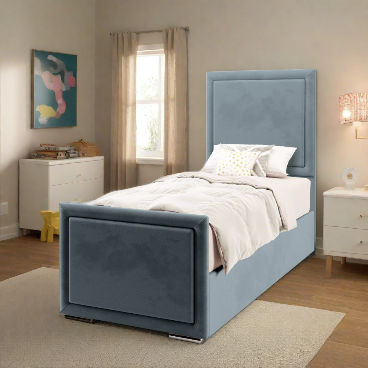 Plain Border Headboard Ottoman Storage Side Lift Bed & Footend
