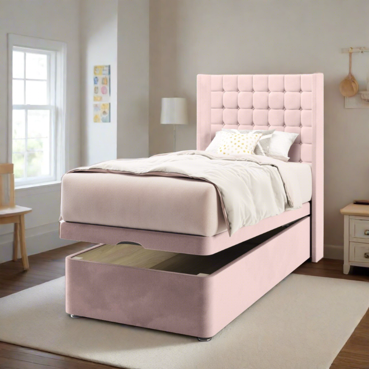 Small Cubic Straight Wing Headboard Ottoman Storage Bed