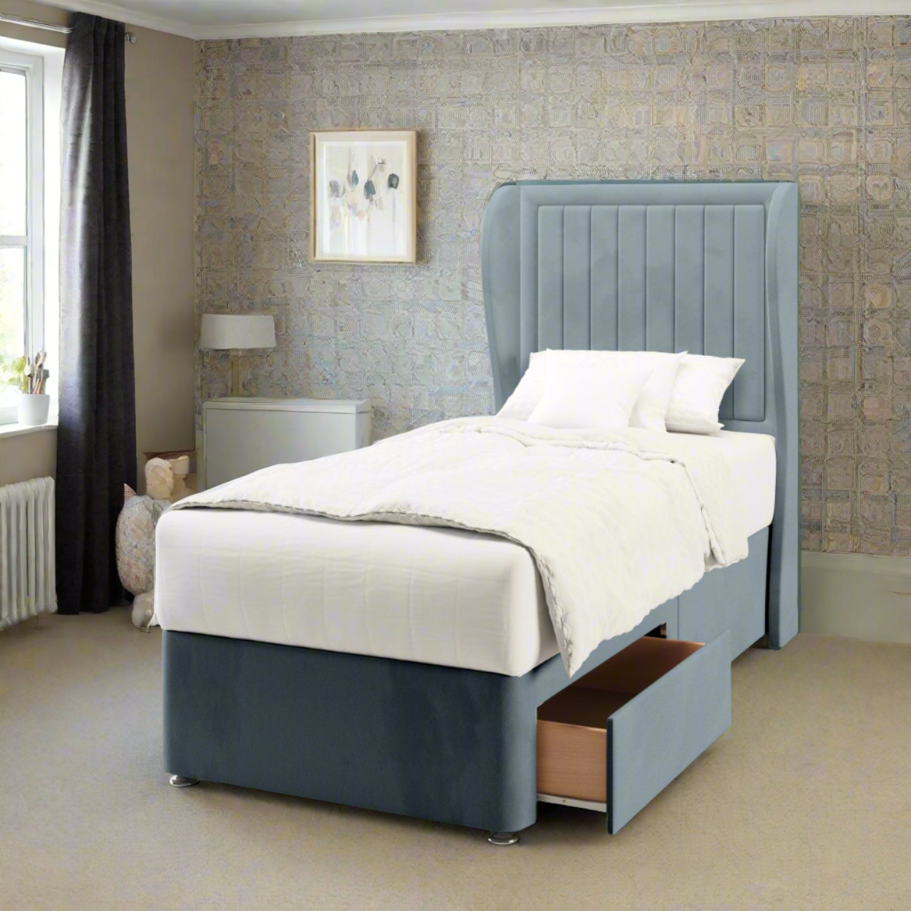 Vertical Panels Border Middle Curve Wing Headboard Divan Bed