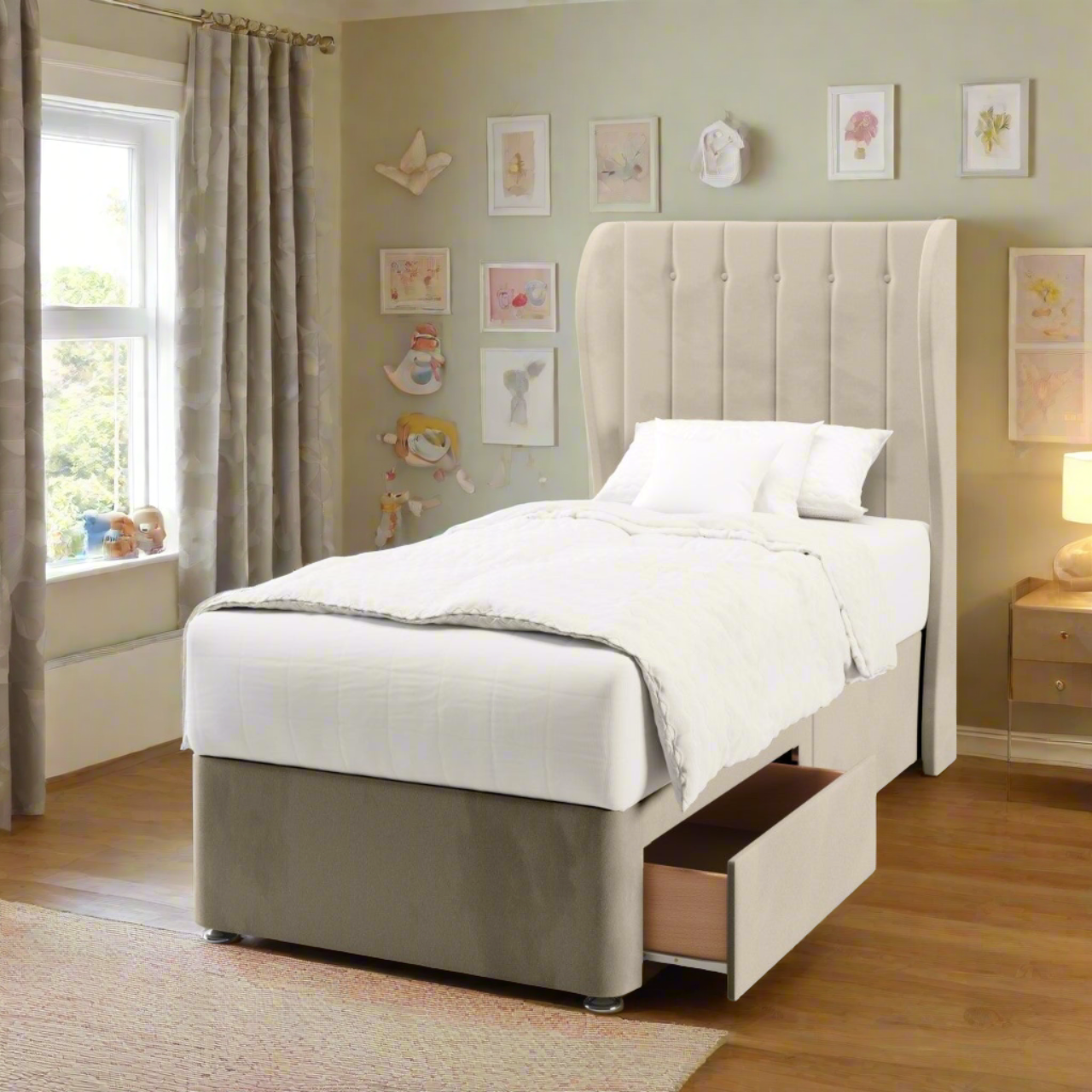 Vertical Panels Middle Curve Wing Headboard Divan Bed