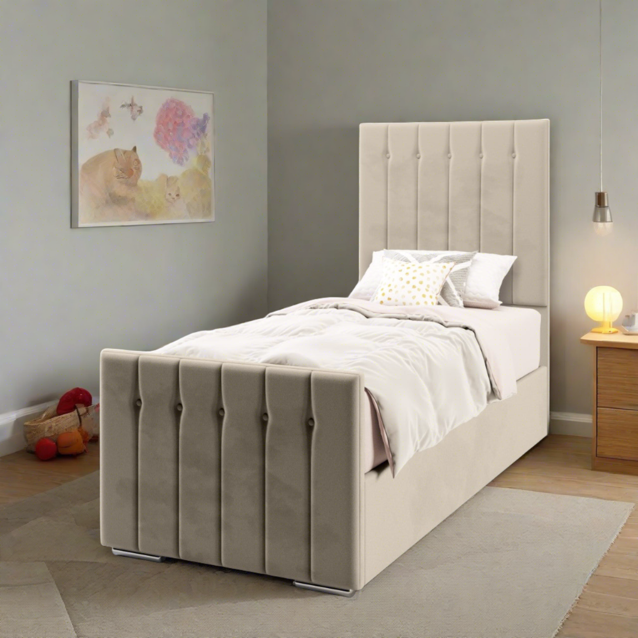 Vertical Panels Buttoned Headboard Ottoman Storage Side Lift Bed & Footend