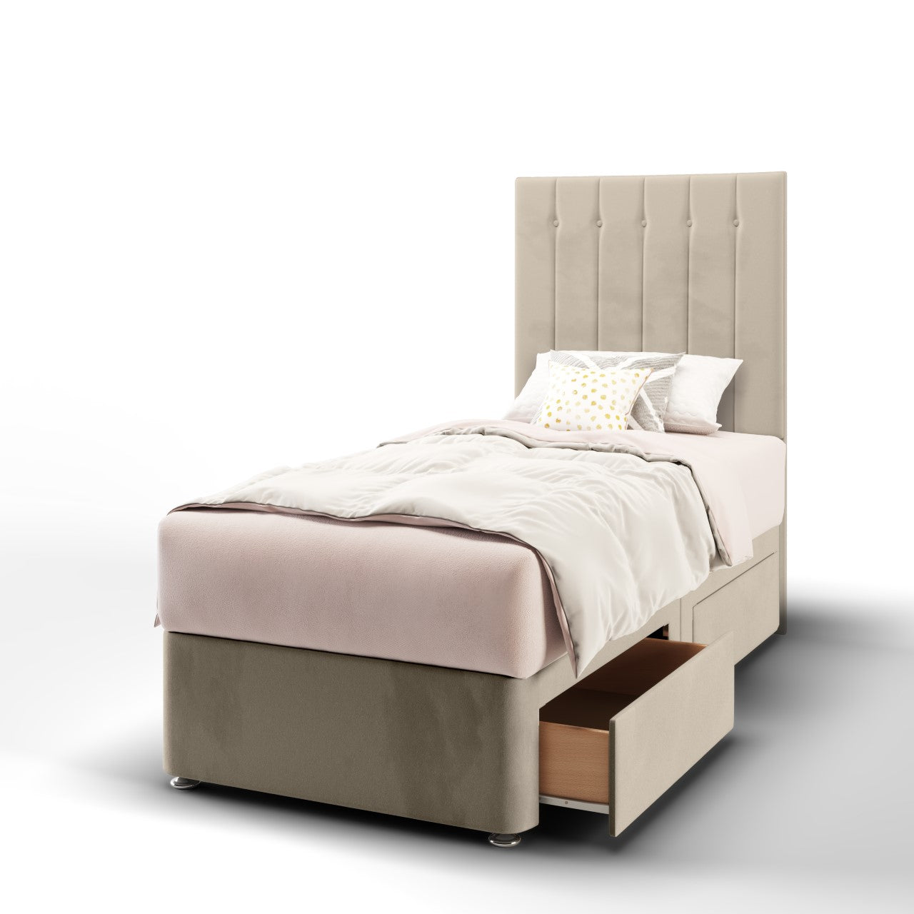 Vertical Panels Buttoned Headboard Divan Bed