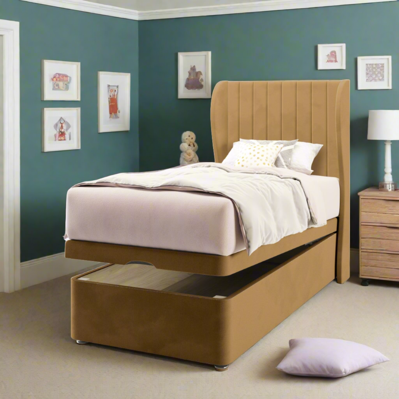Vertical Panels Middle Curve Wing Headboard Ottoman Storage Bed