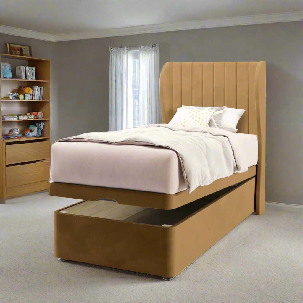Vertical Panels Middle Curve Wing Headboard Ottoman Storage Bed
