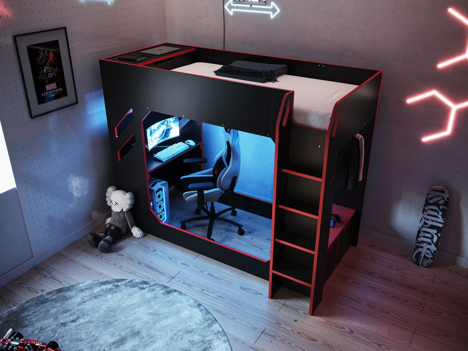 Recoil Shuttle LED Gaming Black High Sleeper Single Bed
