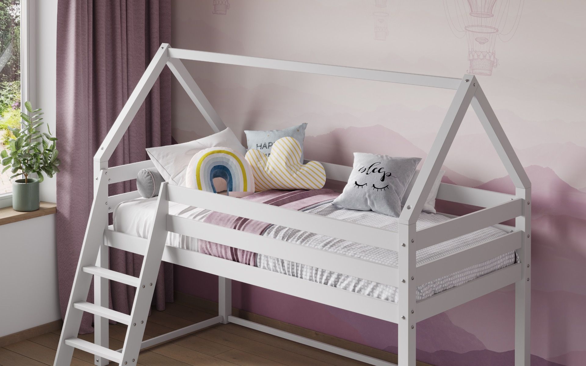Ellie House White Wooden Midsleeper Bed