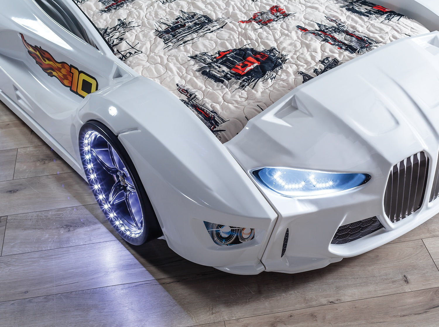 Infinite Zoom White 3FT Single Race Car Bed with LED Lights & Sounds