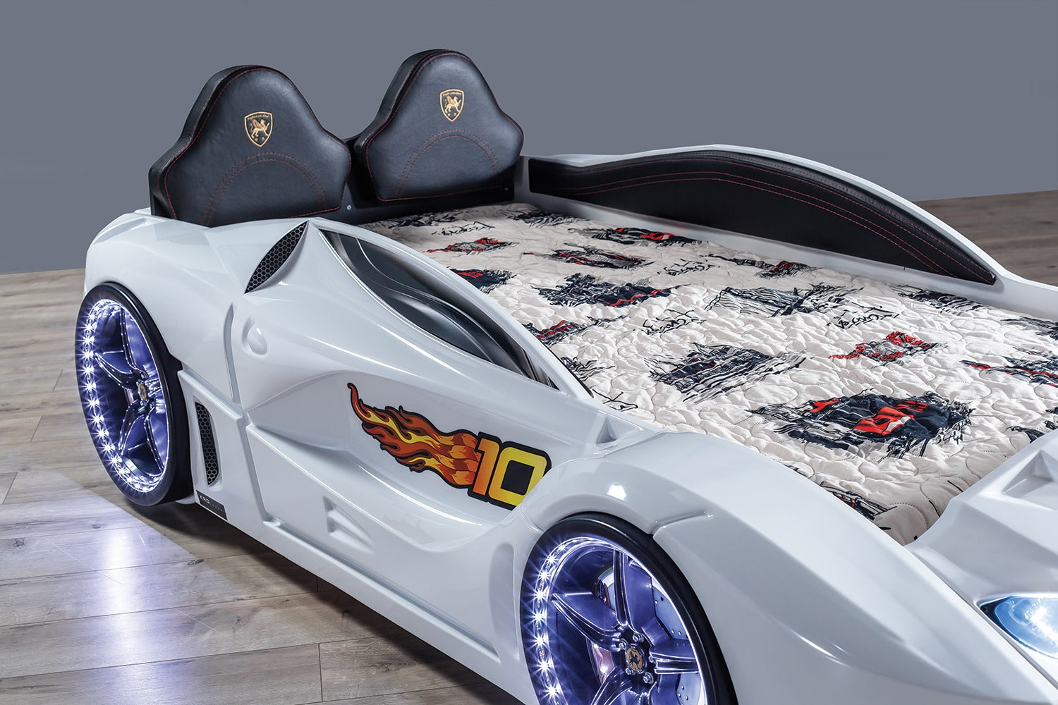 Infinite Zoom White 3FT Single Race Car Bed with LED Lights & Sounds