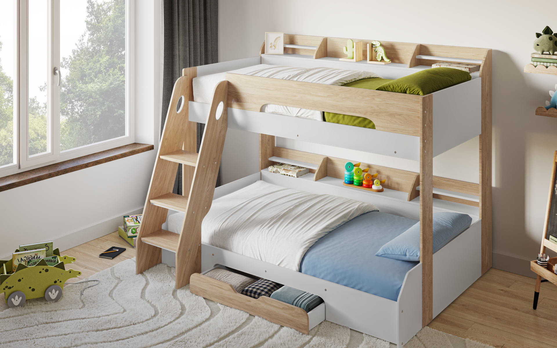 Flick Oak Triple Bunk Bed with Storage