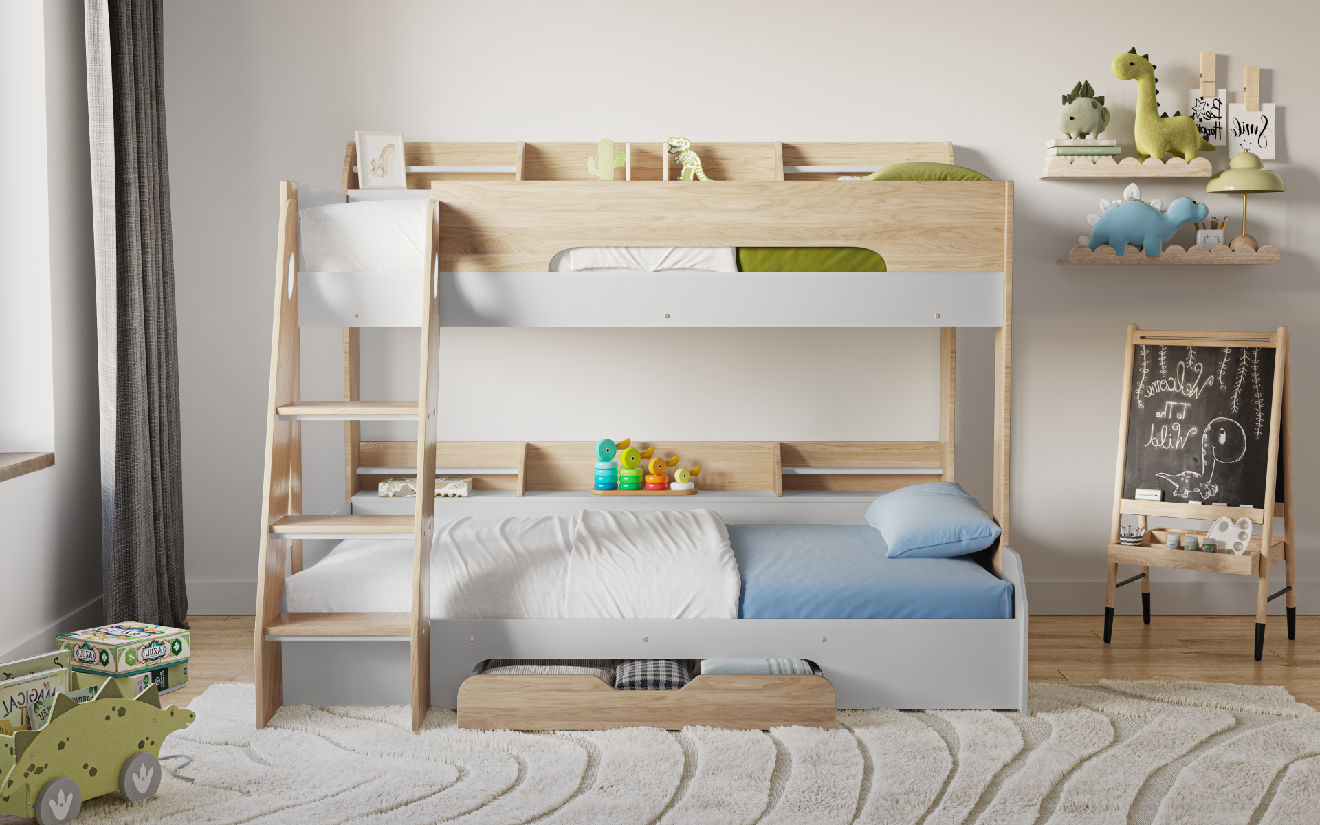 Flick Oak Triple Bunk Bed with Storage