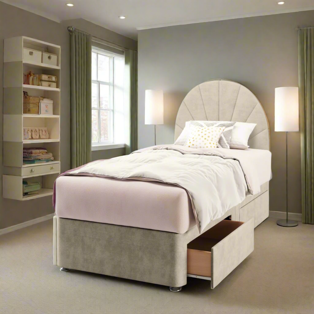 Half Moon with Vertical Lines Fabric Low Headboard with Divan Bed Base & Mattress