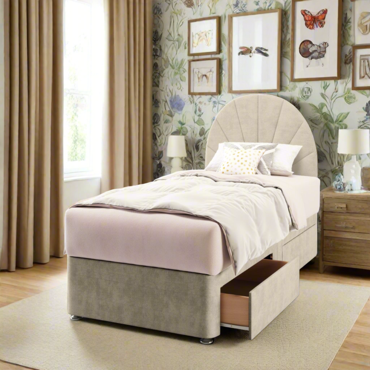 Half Moon with Vertical Lines Fabric Low Headboard with Divan Bed Base & Mattress