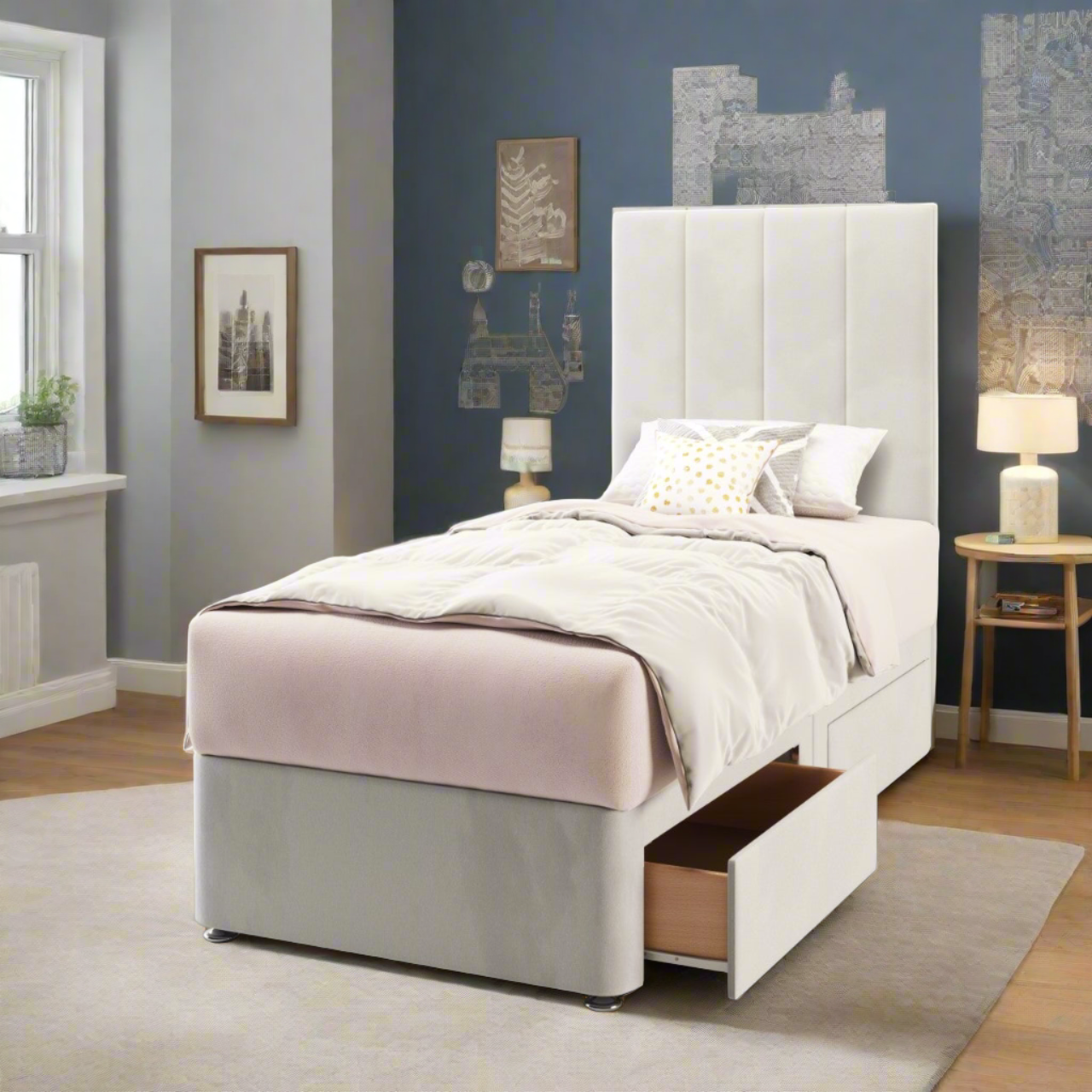 4 Panel Fabric Tall Headboard with Divan Bed Base & Mattress