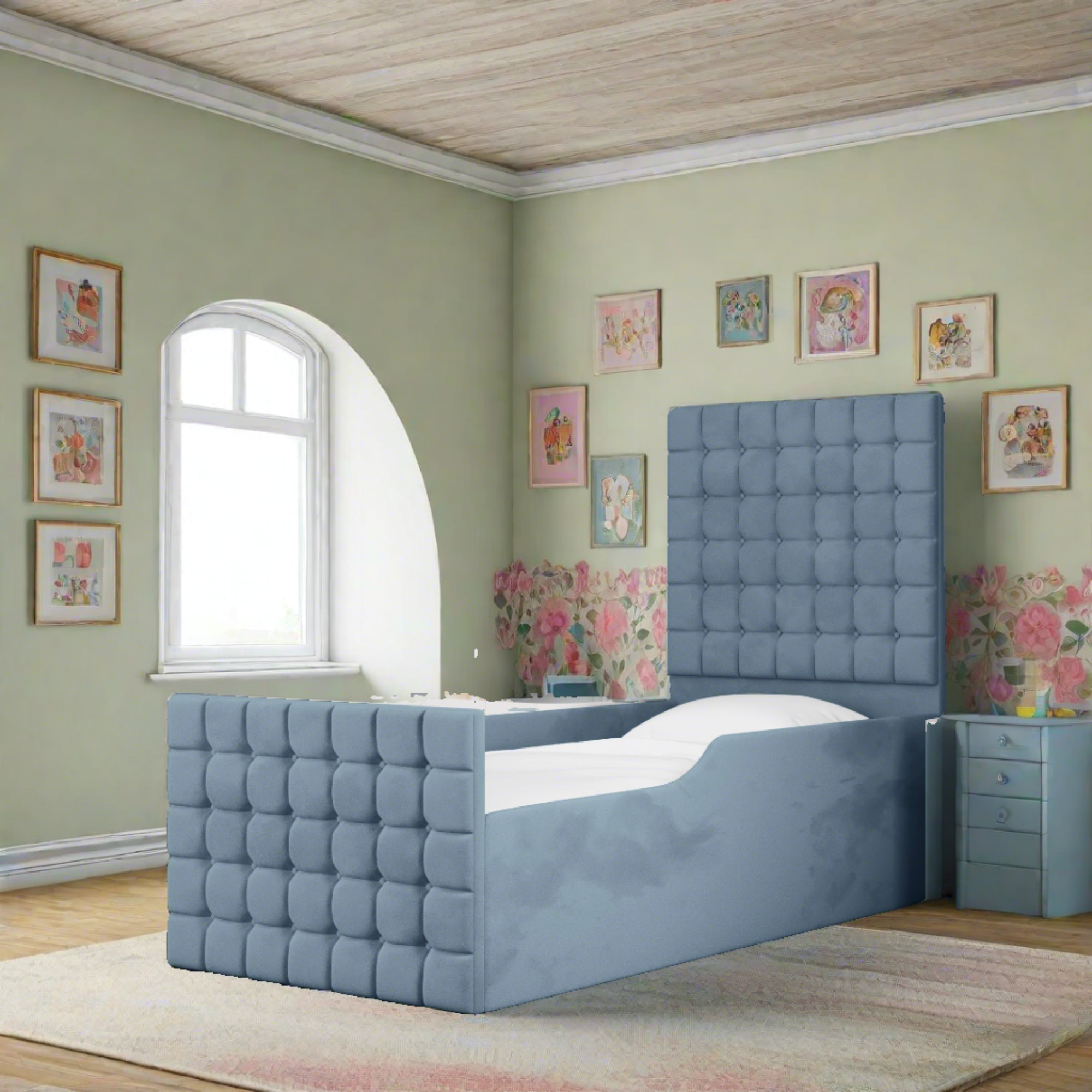 Small Cubic Safety Side Rail Fabric Tall Headboard with Ottoman Storage Bed & Footend