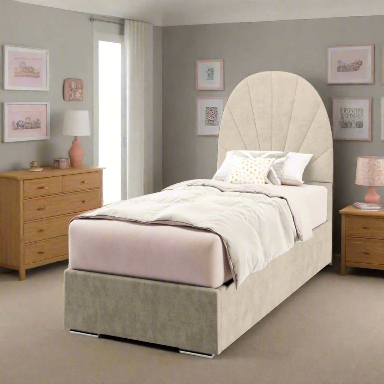 Half Moon with Vertical Lines Fabric Tall Headboard with Frame Bed Base & Mattress