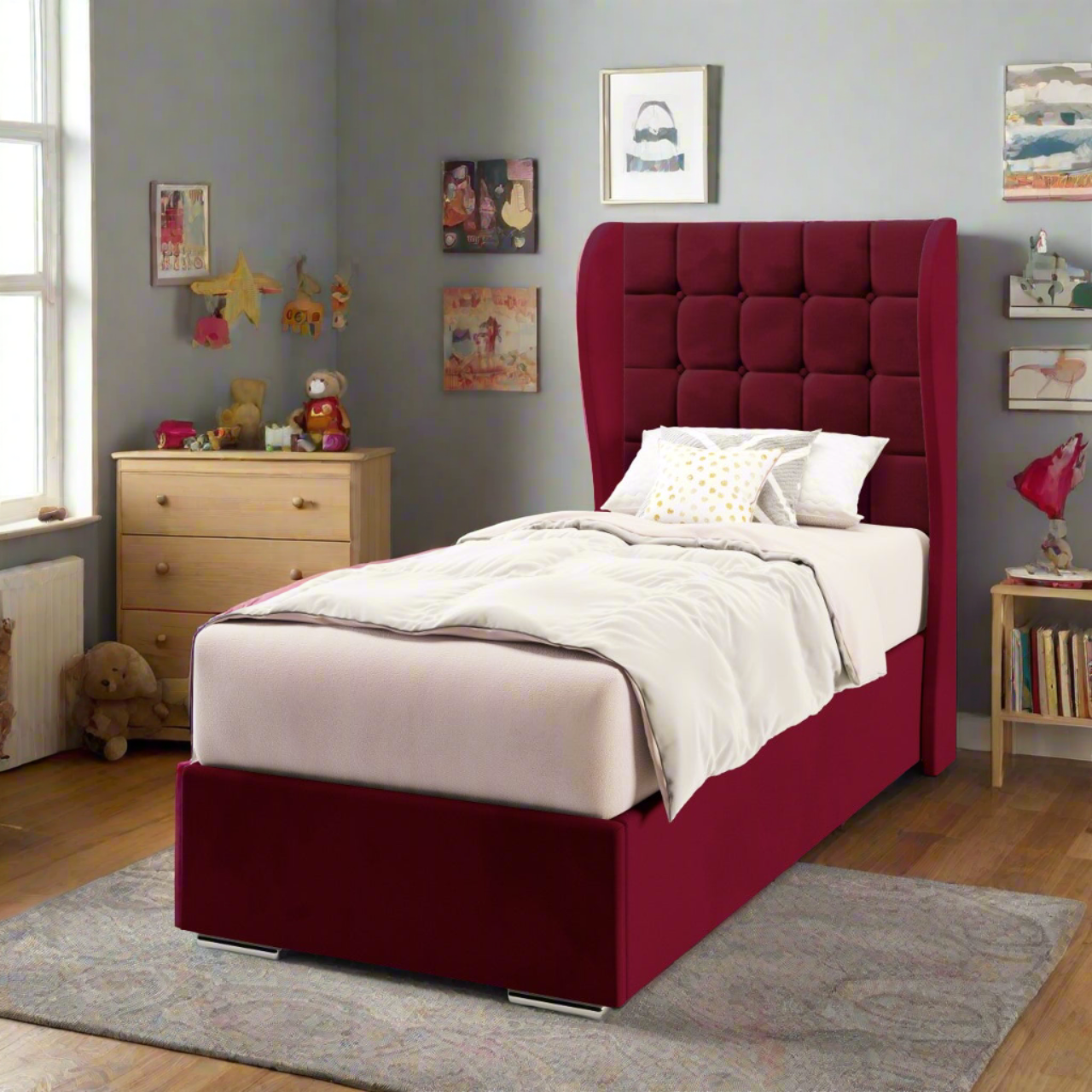 Large Cubic Fabric Middle Curve Wing Headboard with Frame Bed Base & Mattress