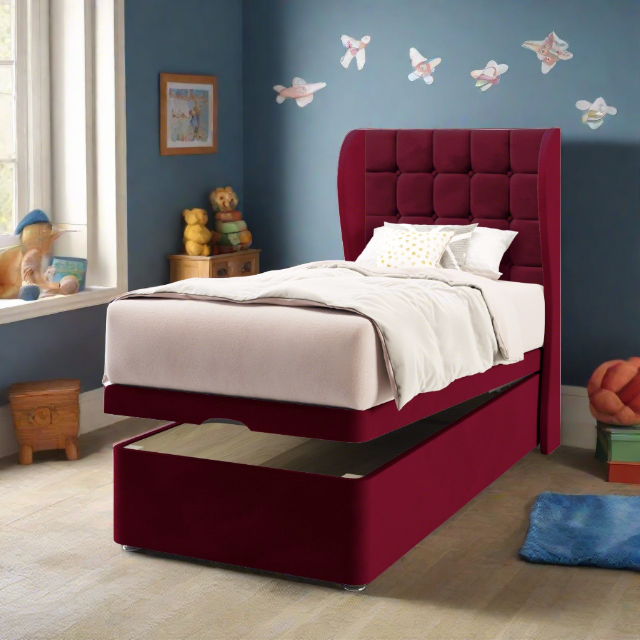 Large Cubic Fabric Middle Curve Wing Headboard with Ottoman Storage Bed Base & Mattress