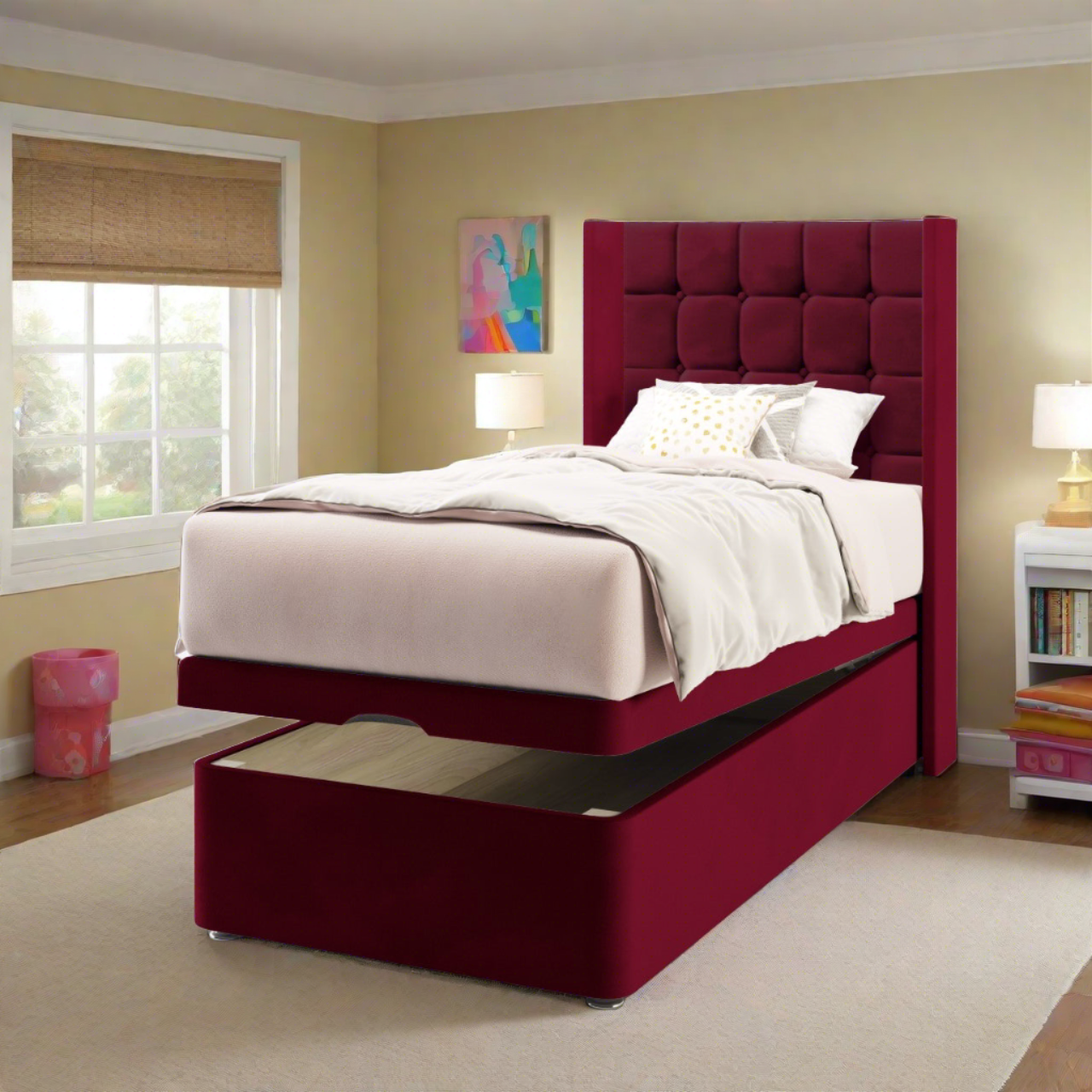 Large Cubic Fabric Straight Wing Headboard with Ottoman Storage Bed Base & Mattress