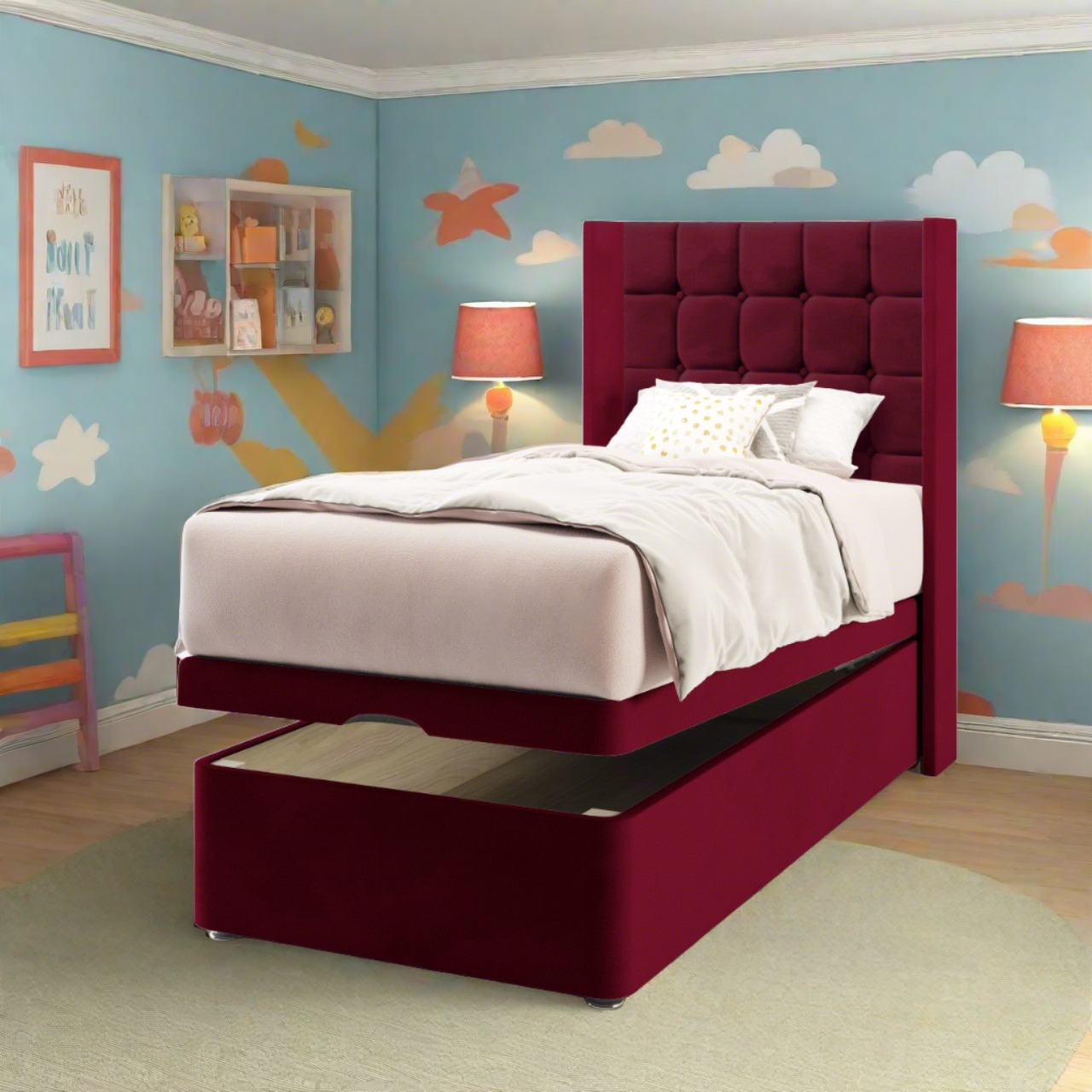 Large Cubic Fabric Straight Wing Headboard with Ottoman Storage Bed Base & Mattress