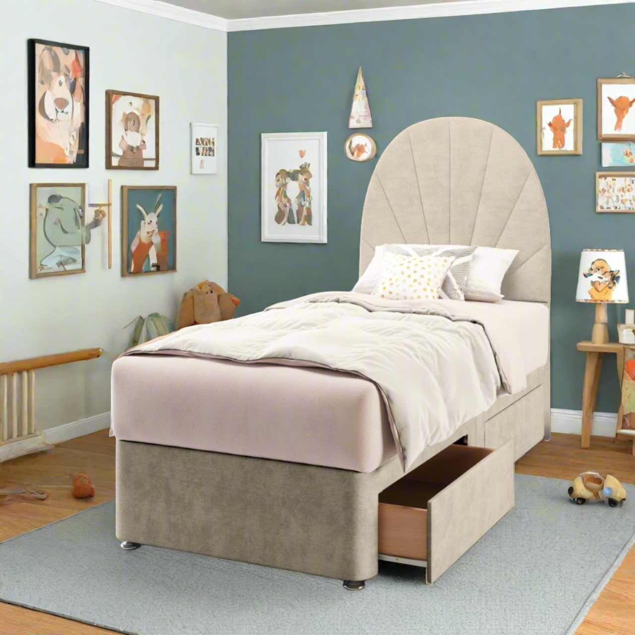 Half Moon with Vertical Lines Fabric Tall Headboard with Divan Bed Base & Mattress