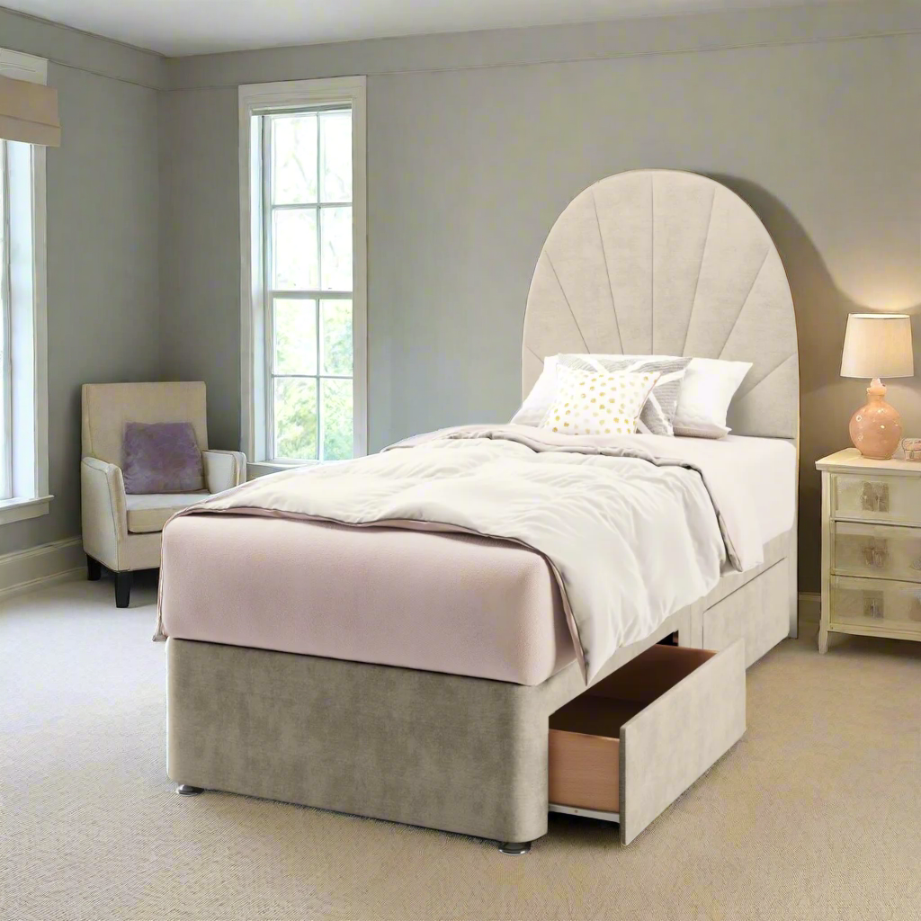 Half Moon with Vertical Lines Fabric Tall Headboard with Divan Bed Base & Mattress