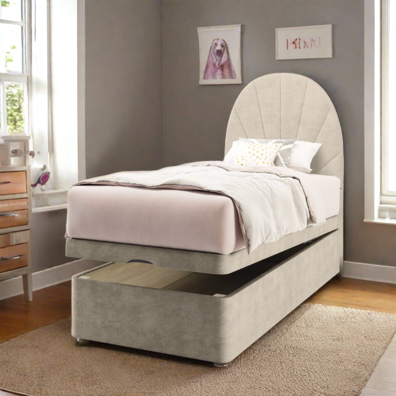 Half Moon with Vertical Lines Fabric Tall Headboard with Ottoman Storage Bed Base & Mattress