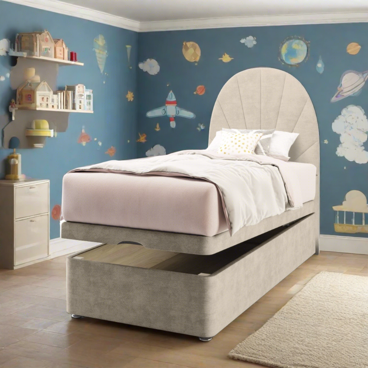 Half Moon with Vertical Lines Fabric Tall Headboard with Ottoman Storage Bed Base & Mattress