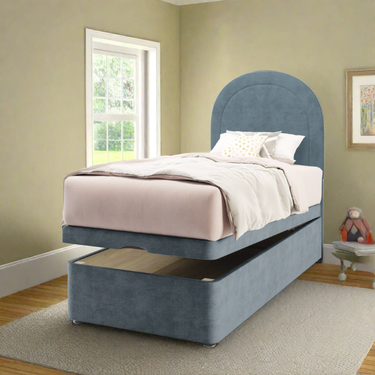 Arched Border Fabric Tall Headboard with Ottoman Storage Bed Base & Mattress