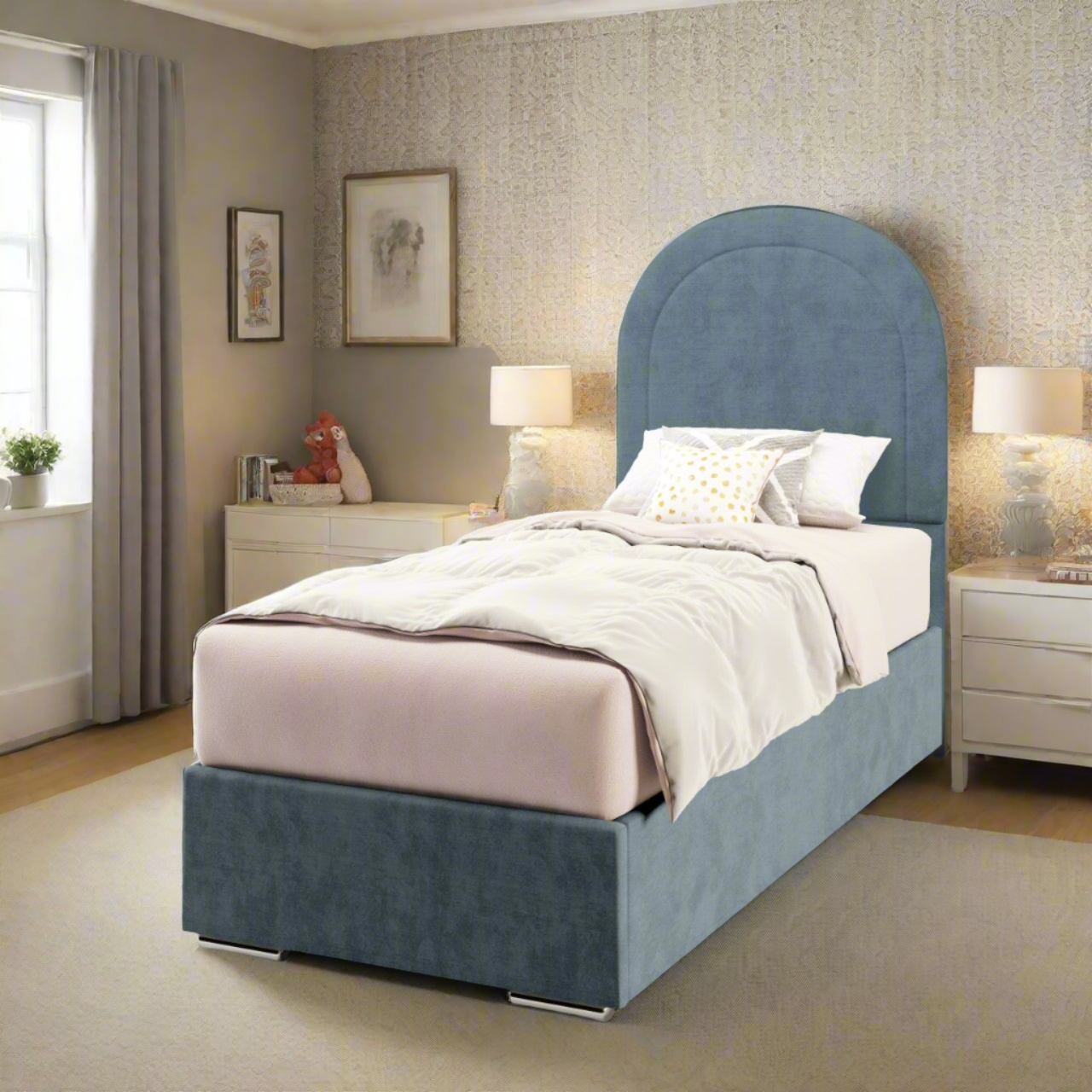 Arched Border Fabric Tall Headboard with Frame Bed Base & Mattress