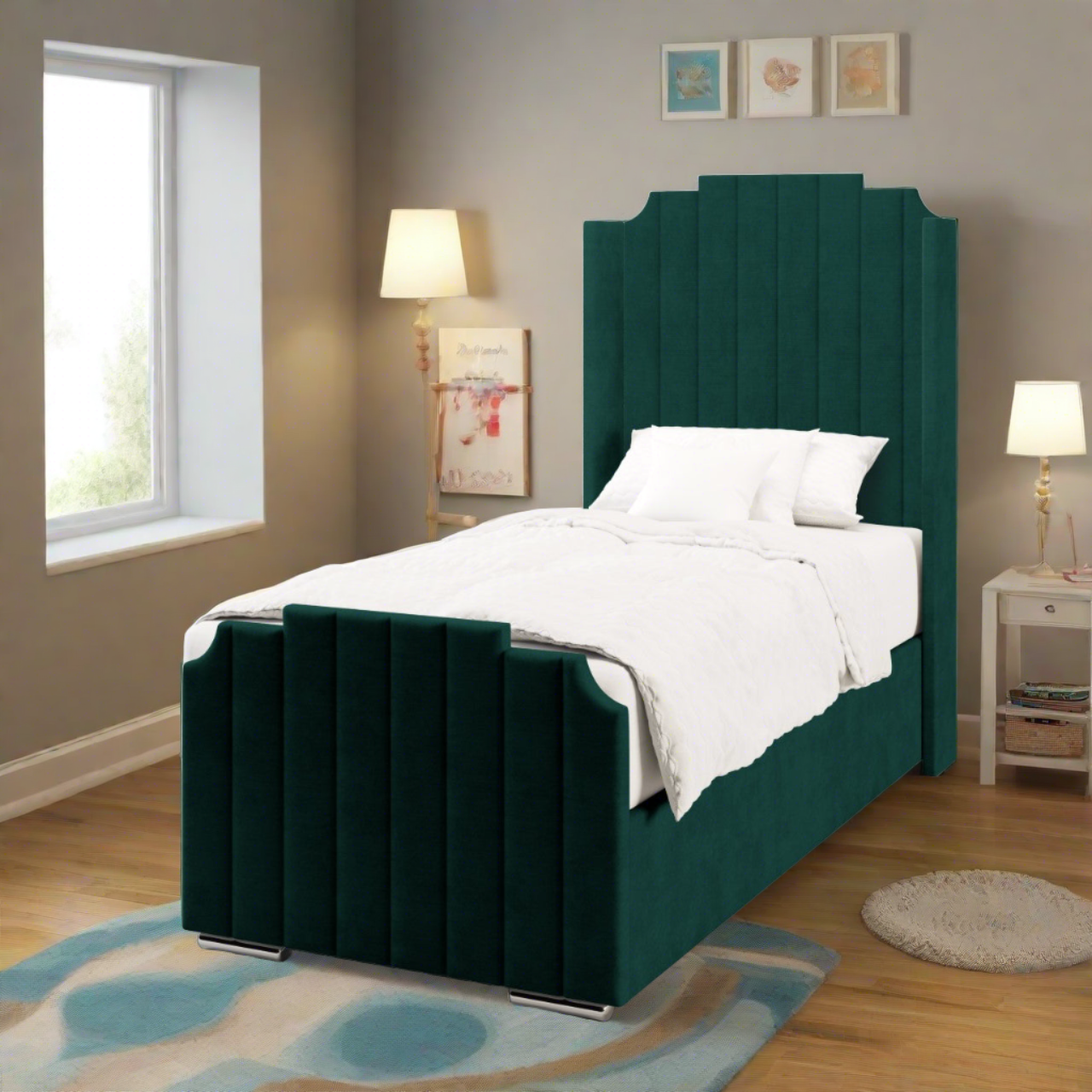 Art Deco Fabric Straight Wing Headboard with Ottoman Storage Side Lift Bed & Footend