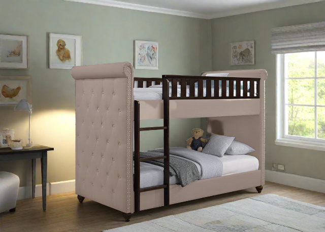 New Louis Beige Linen Fabric Chesterfield Bunk Bed