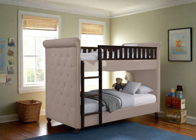 New Louis Beige Linen Fabric Chesterfield Bunk Bed